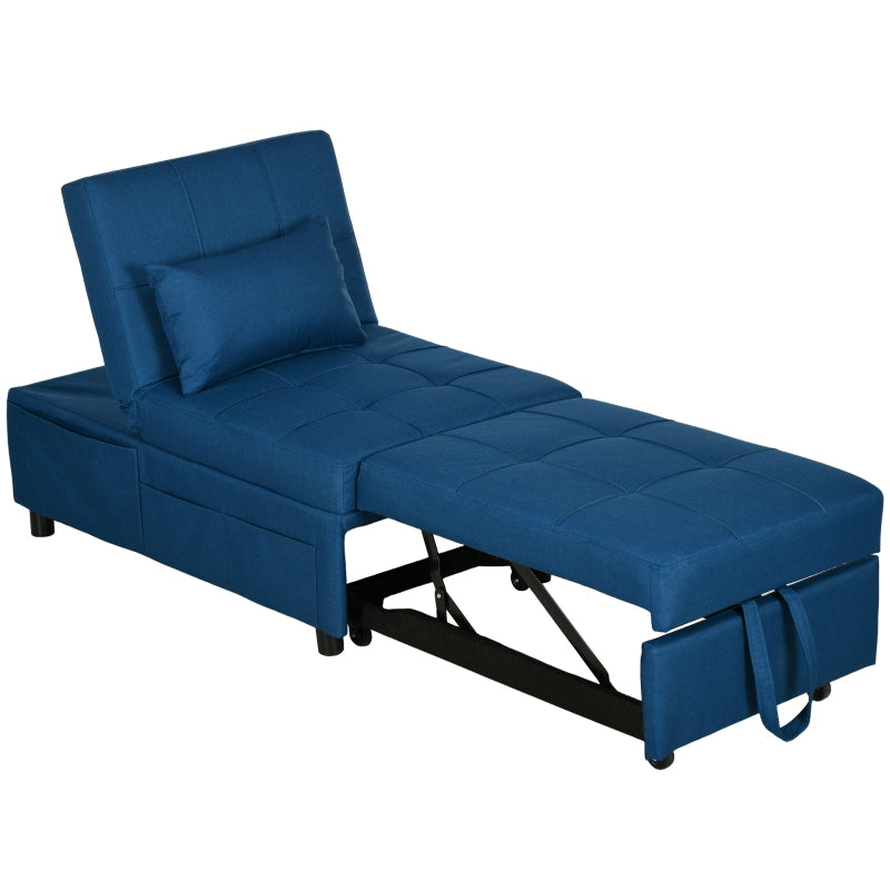 4-in-1 Convertible Chair Bed with Adjustable Backrest, Side Pocket, Wheels and Pillow for Living Room, Blue
