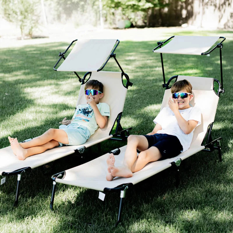 2 Piece Tan Brown Folding Sun Loungers with Canopy - Adjustable Recliner Garden Chairs with Side Pocket, Steel Frame and Breathable Mesh for Outdoor, Pool, Beach, Garden