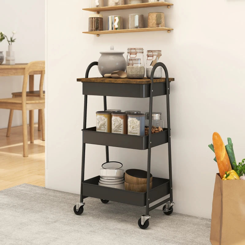 Rustic Brown & Black 3-Tier Kitchen Storage Trolley on Wheels with Cover Top Board - Stylish & Functional