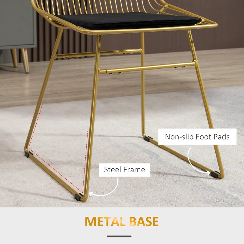 Luxurious Set of 2 Dining Chairs - Metal Wire Kitchen Chairs with Velvet Cushions, Cut-out Back & Gold Steel Frame