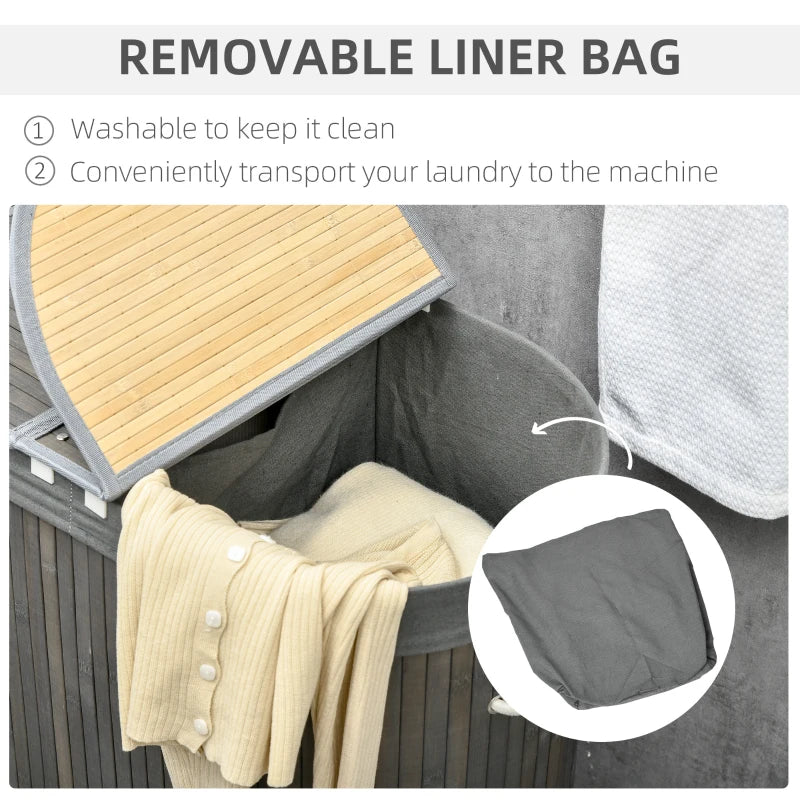 Bamboo Laundry Basket with Lid - 100L Hamper, 2 Sections, Removable Washable Lining, Grey, 62.5x37x60.5cm
