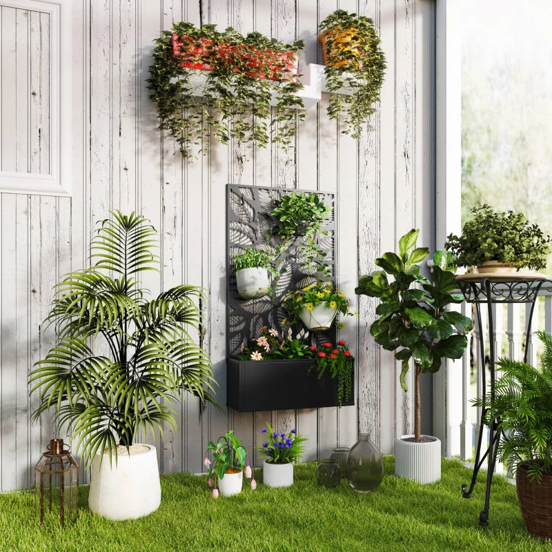 Outdoor Metal Planter with Back Trellis - Black - Large Size - 113H x 61L x 23W cm