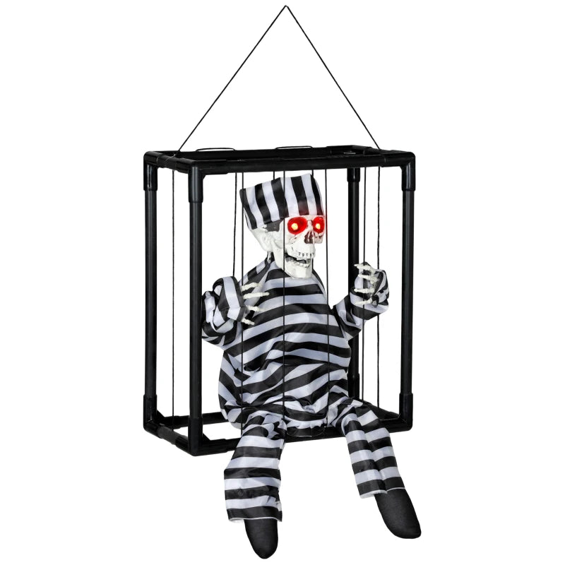 Halloween Animated Skeleton Prisoner in Cage with Glowing LED Eyes - Spooky Battery Operated Indoor Decorations for Parties