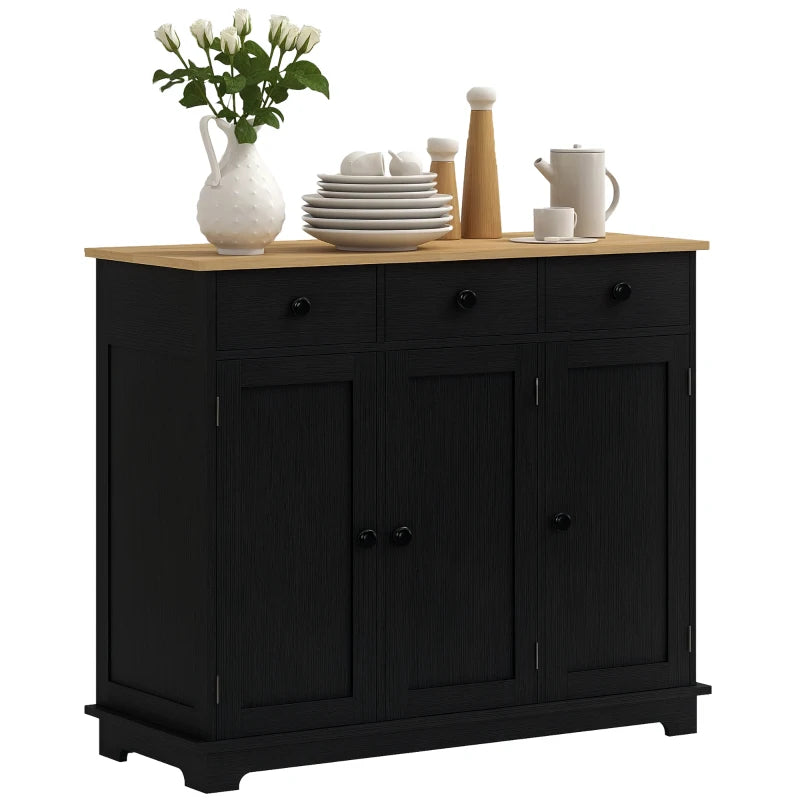 Stylish Black Wood-Effect Sideboard with Rubberwood Top & Adjustable Shelves - Perfect for Dining Room & Kitchen Storage