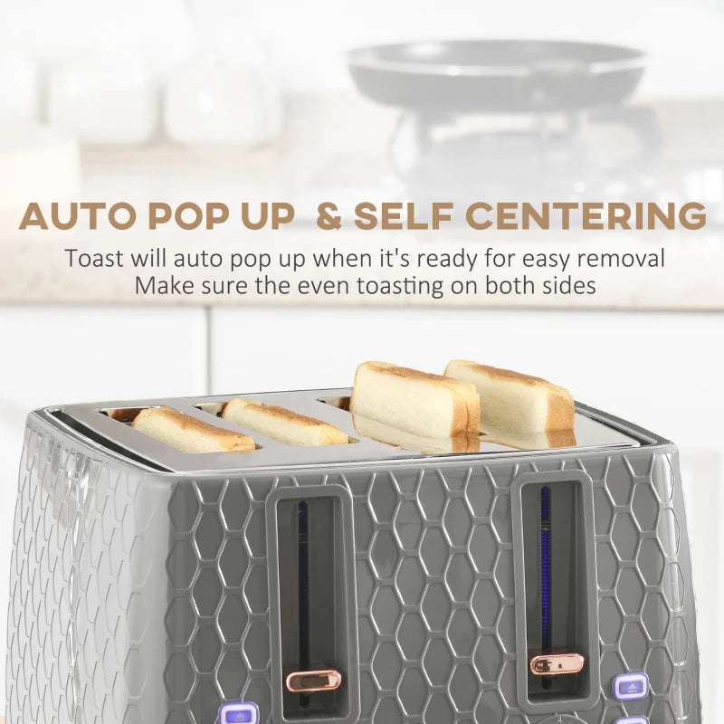 1.7L 3000W Fast Boil Kettle & 4 Slice Toaster Set - Grey, 7 Browning Controls, Crumb Tray, Kitchen Essentials