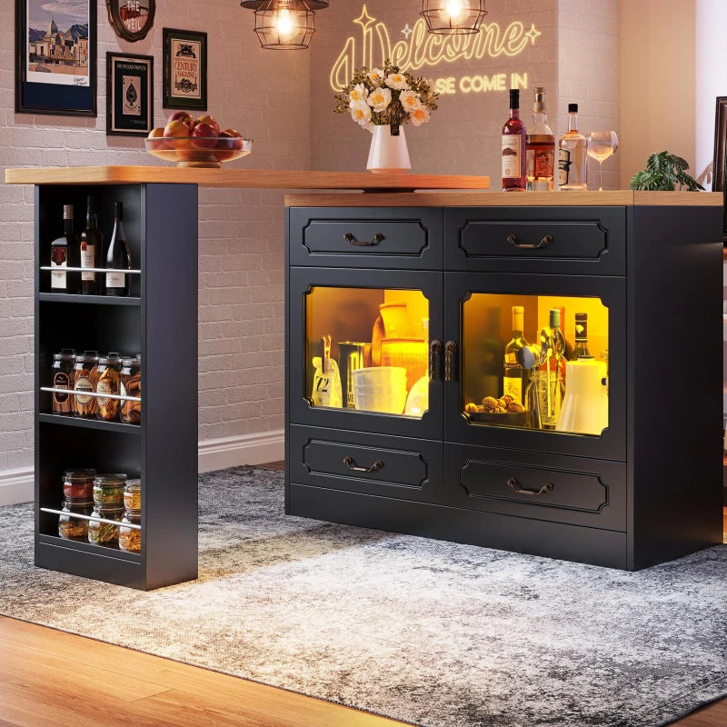 360° Rotating Bar Table with Spice Rack & Extendable Kitchen Island - 4 Drawers, Black, 135-203L x 39W x 93H cm