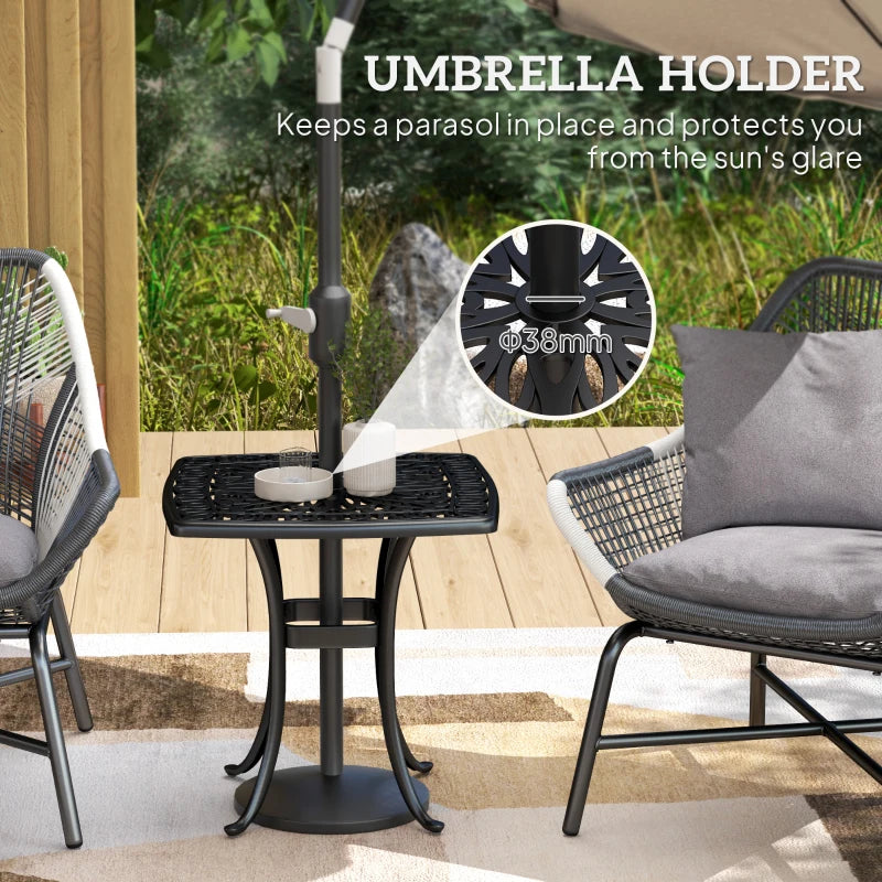 54 x 54cm Black Cast Aluminium Outdoor Garden Table with 38mm Umbrella Hole and Anti-slip Foot Pads for Patio and Balcony
