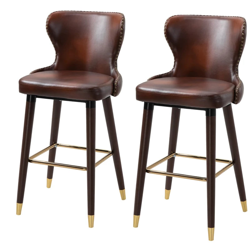 Set of 2 Brown PU Leather Bar Stools with Back and Footrest, Stylish Wood Legs for Kitchen and Breakfast Bar