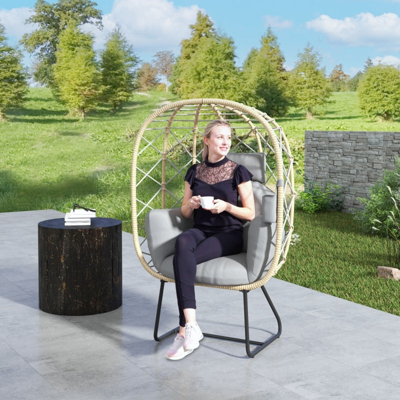 Grey Rattan Egg Chair - Outdoor Indoor Wicker Chair with Thick Cushion & Headrest