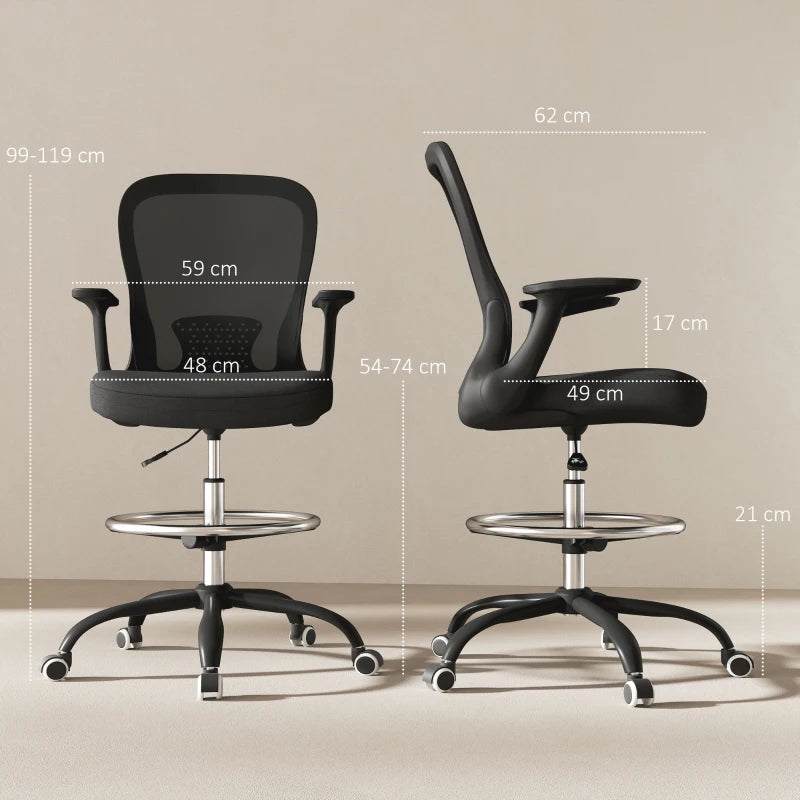 Ergonomic Draughtsman Chair - Mesh Drafting Office Chair with Flip-Up Armrests & Adjustable Foot Ring - Black