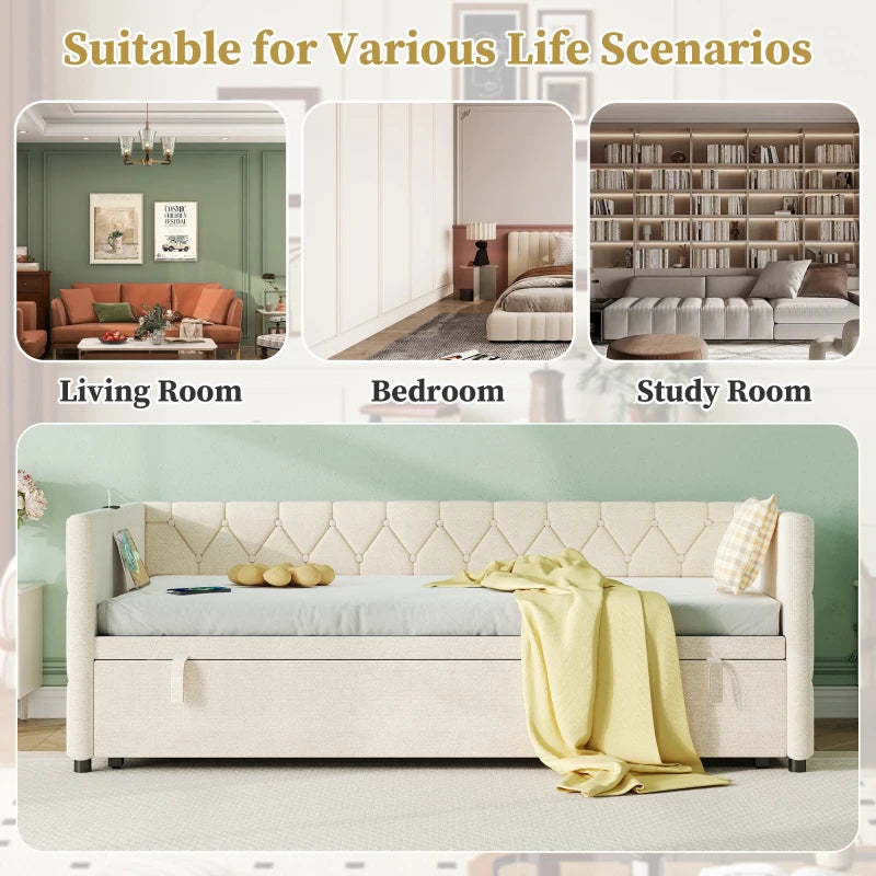 Upholstered Daybed with USB & Type-C Charging Station, Button-Tufted Sofa Bed for Compact Rooms, Beige, 206L x 193W x 71H cm