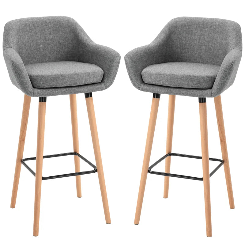 Set of 2 Modern Upholstered Bar Stools with Metal Frame & Solid Wood Legs - Grey Fabric Dining Chairs