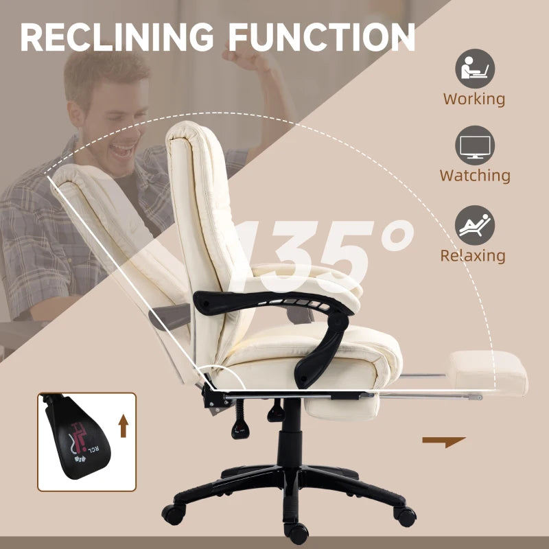 Vinsetto Cream White PU Leather Office Chair - Swivel Computer Chair with Footrest, Adjustable Height & Wheels