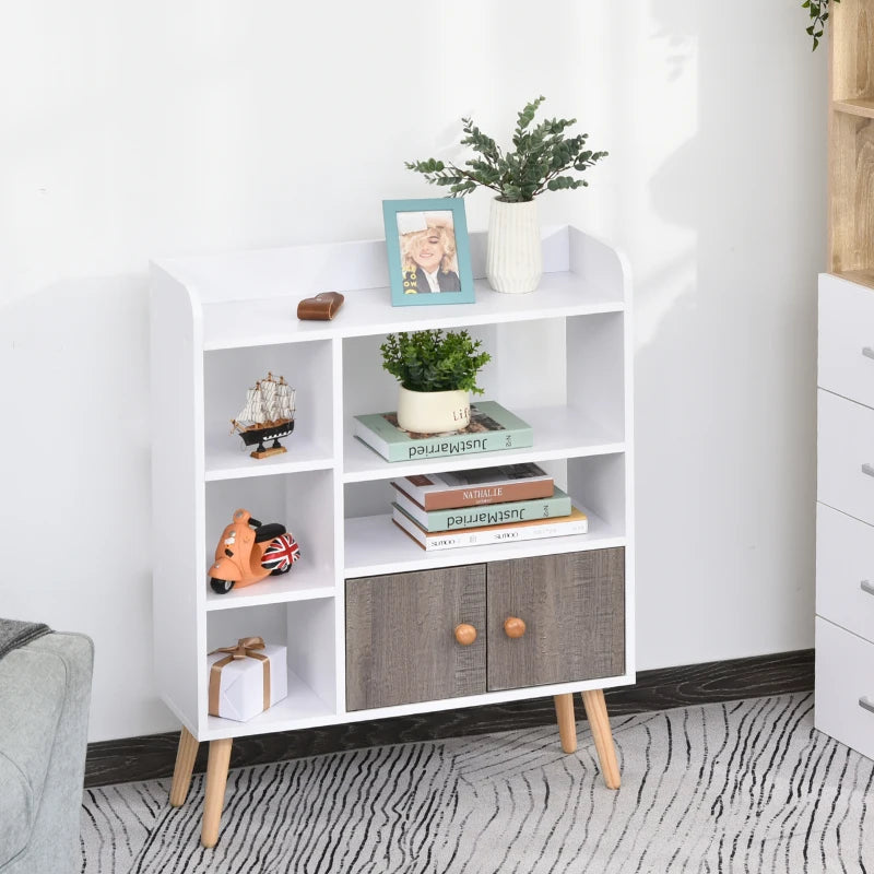 Freestanding Bookcase with Storage Cabinet - 6 Shelves, Wood Legs, White & Grey - Home Office Display, 24D x 71.8W x 90.8H cm