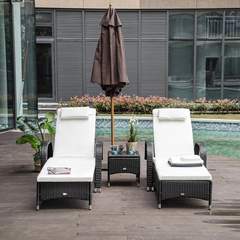 Black Rattan 2-Seater Sun Lounger Set with Side Table