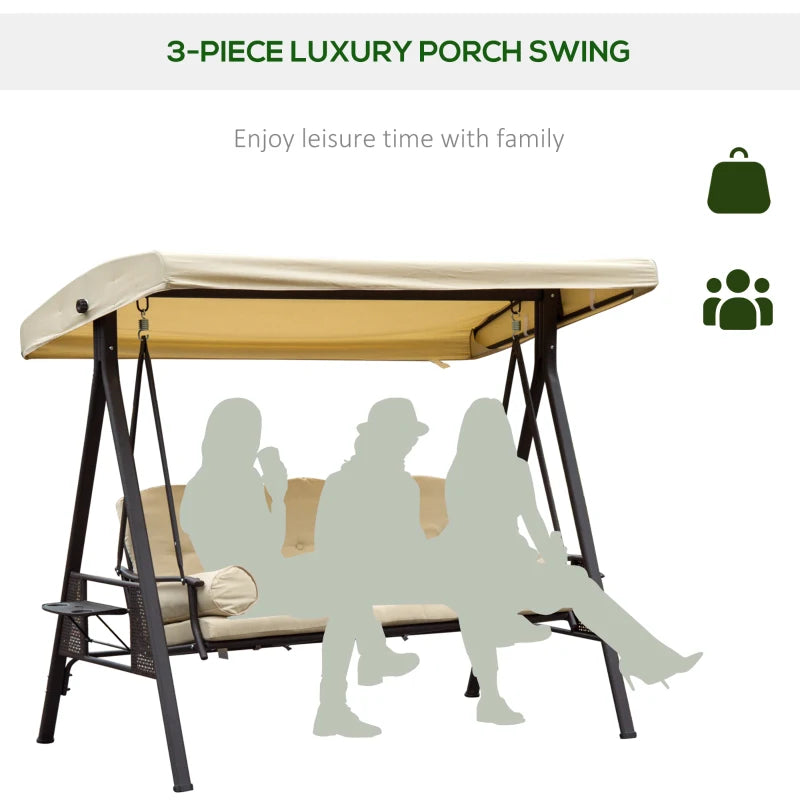 Beige 3-Seater Swing Hammock Chair with Canopy and Cushion