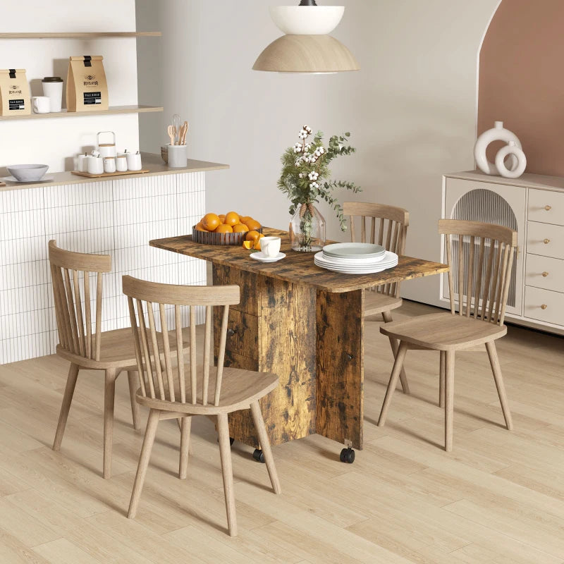 Rustic Brown Multi-Storage Drop Leaf Dining Table for Six - Space-Saving Design, Perfect for Family Gatherings