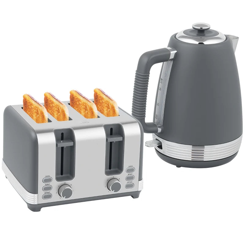 Stainless Steel Kettle & Toaster Set - 1.7L Rapid Boil Kettle with Strix Thermostat & 4-Slice Toaster, Grey/Silver