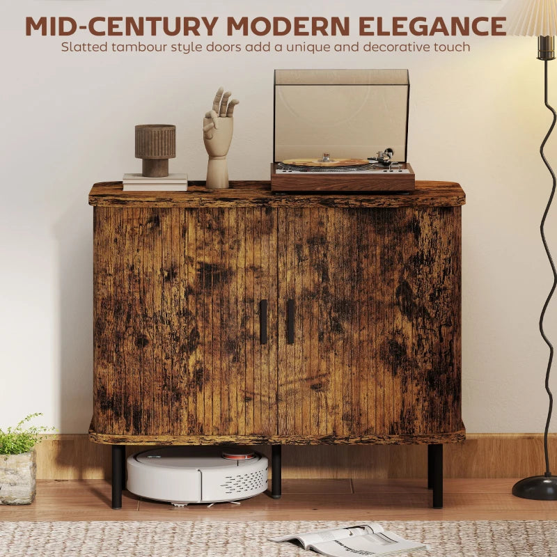 Mid-Century Modern Sideboard Storage Cabinet with Slatted Tambour Doors - Rustic Brown Kitchen Cabinet with Steel Legs