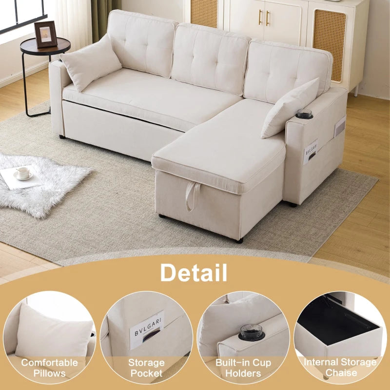 Versatile L-Shaped Sofa Bed with Reversible Chaise, Storage, Cup Holders and Cushions in Beige