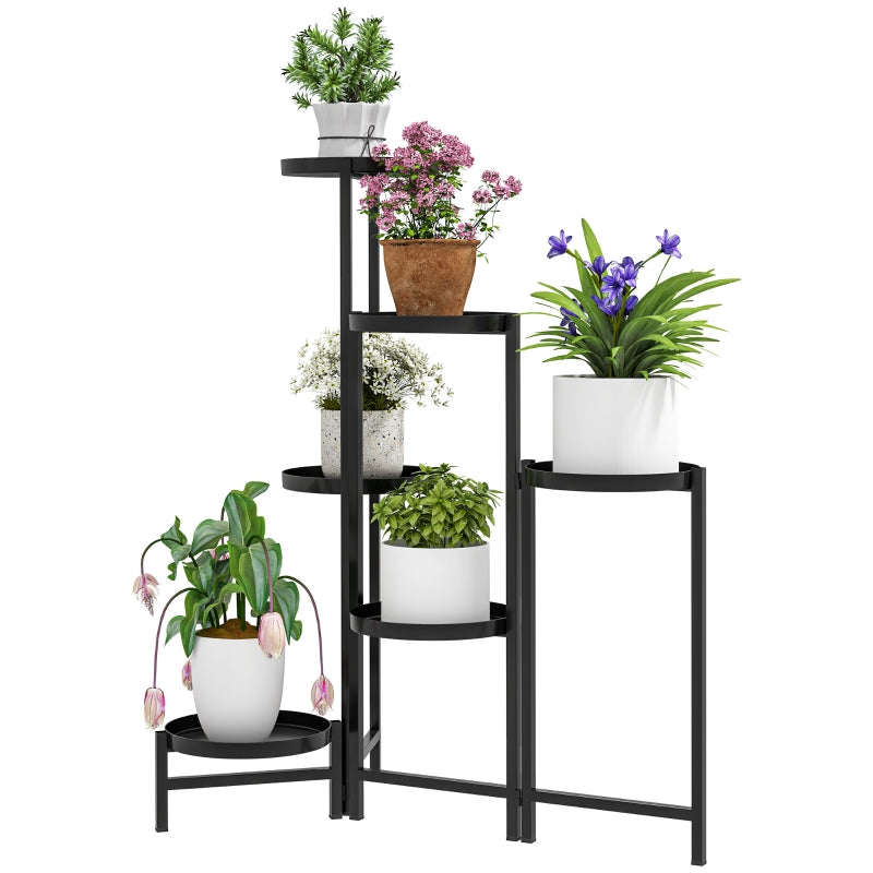 3 Tier Foldable Black Metal Plant Stand - Indoor Outdoor Corner Flower Pot Holder for Patio, Garden, Balcony, Living Room