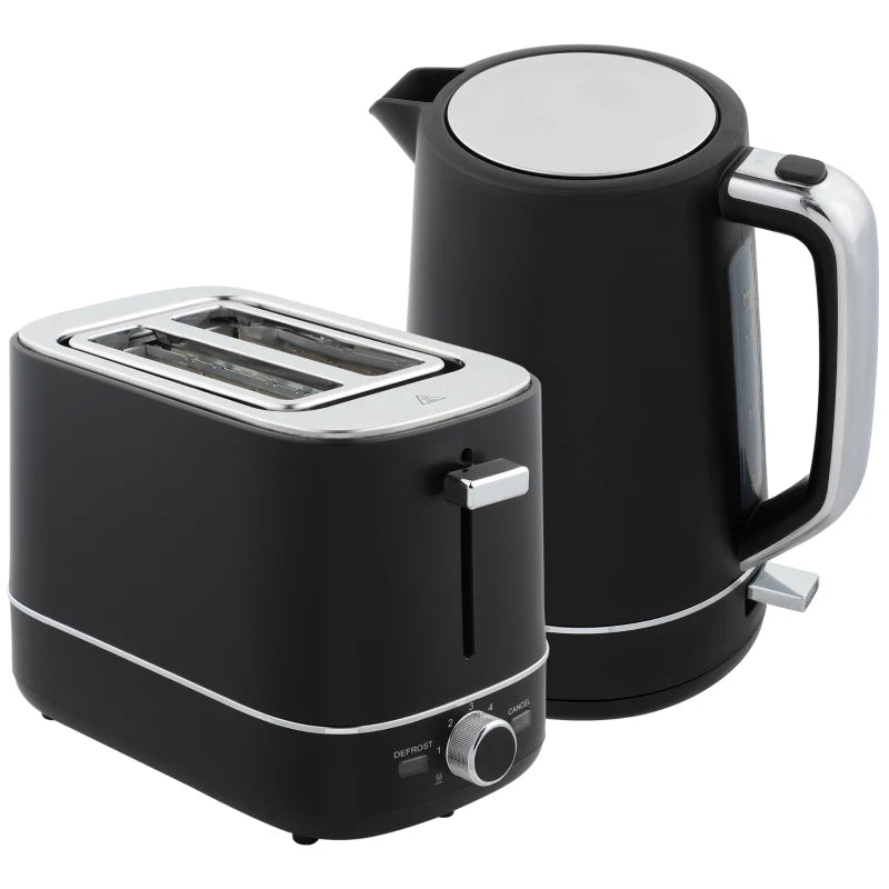 Premium Black Kettle and Toaster Set - 1.7L Fast Boil 3000W Kettle & 2 Slice Toaster with 6 Browning Levels