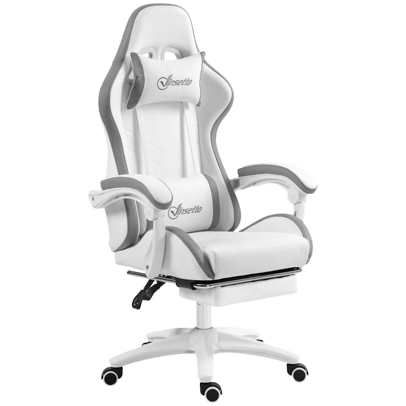 Vinsetto Gaming Chair with Footrest - PU Leather Swivel Desk Chair, 135° Recline, Lumbar Support, White & Grey