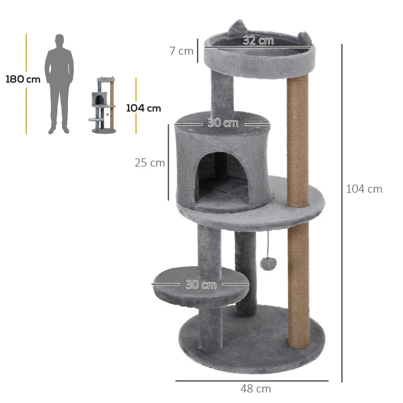 104 cm Grey Cat Tree Condo Tower - Activity Centre with Scratching Posts, Plush Perch & Hanging Ball for Cats