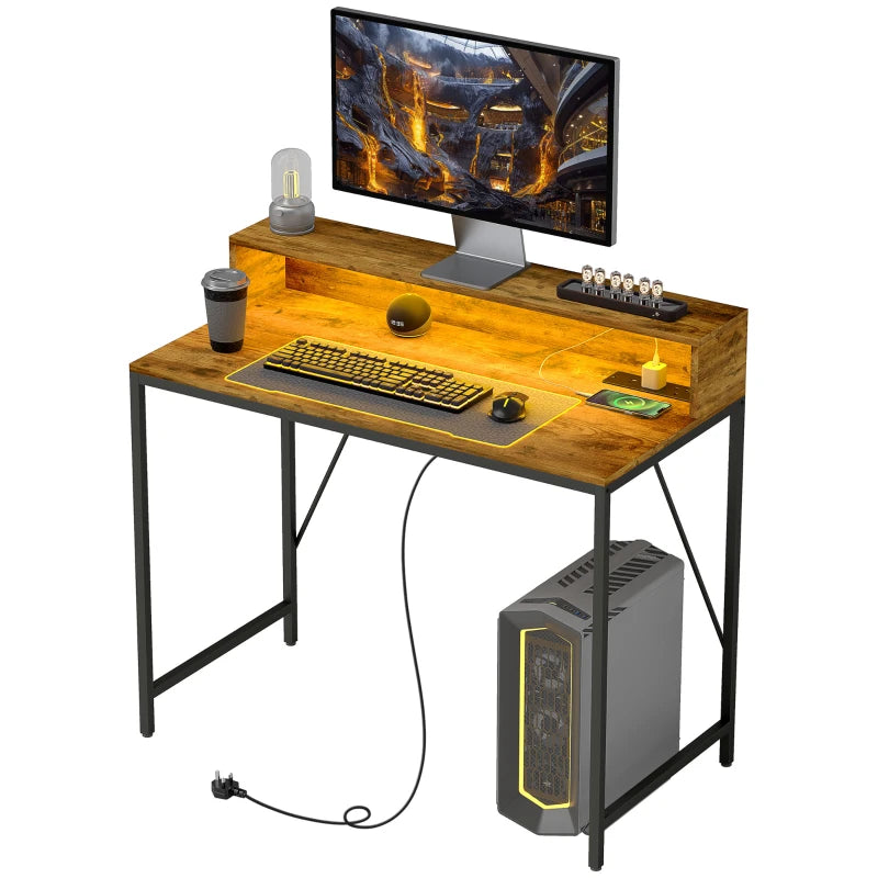 100cm Rustic Brown Computer Desk with LED Lights & Power Outlets, Gaming Table with Monitor Stand & Remote for Home Office