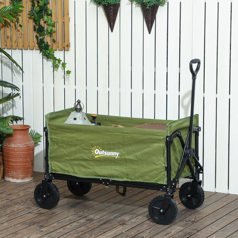 120L Folding Garden Trolley Cart - Green Outdoor Collapsible Wagon with Wheels & Adjustable Handle for Beach, Camping & Festivals