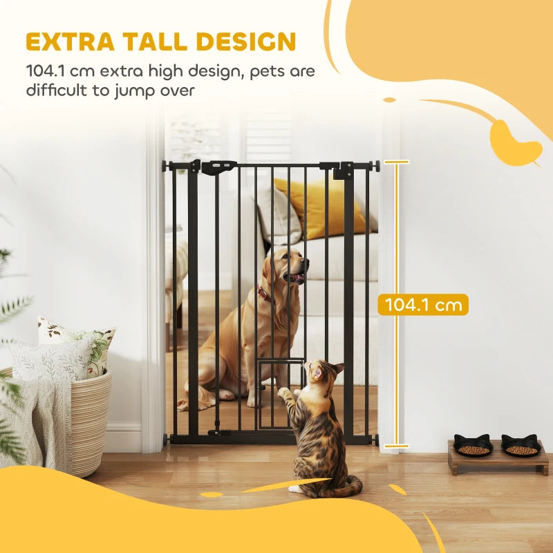 Extra Tall Indoor Dog Safety Gate with Cat Flap, Auto Close, 74-80cm Wide - Black Pet Barrier