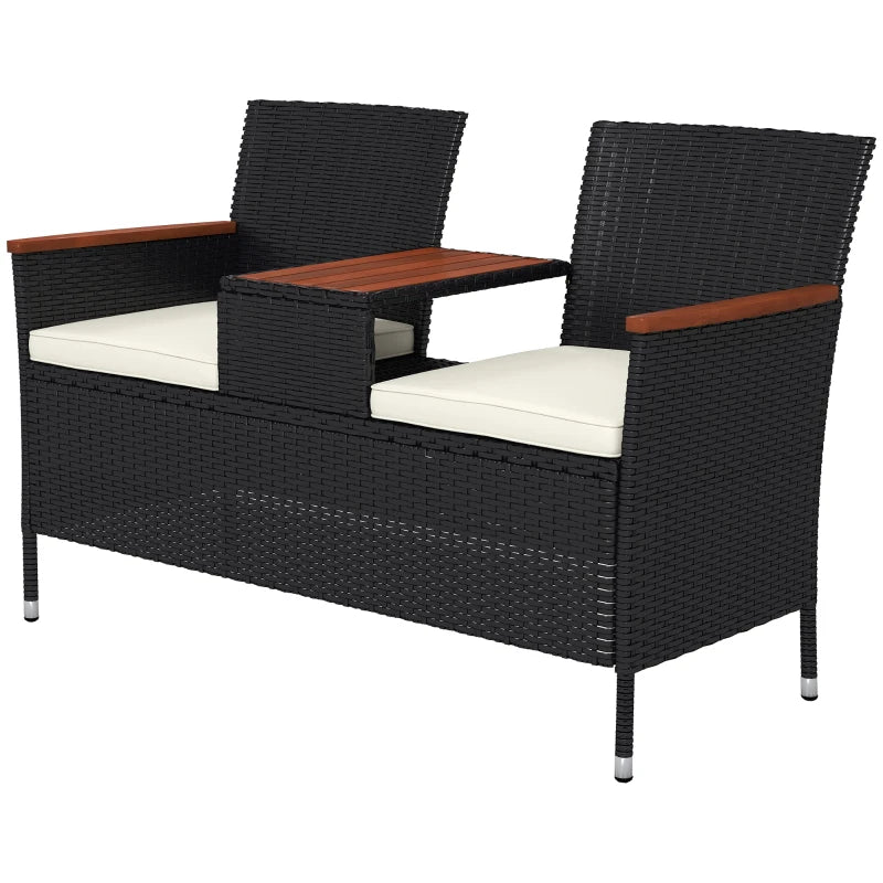 Black Rattan Loveseat with Wood-Top Table