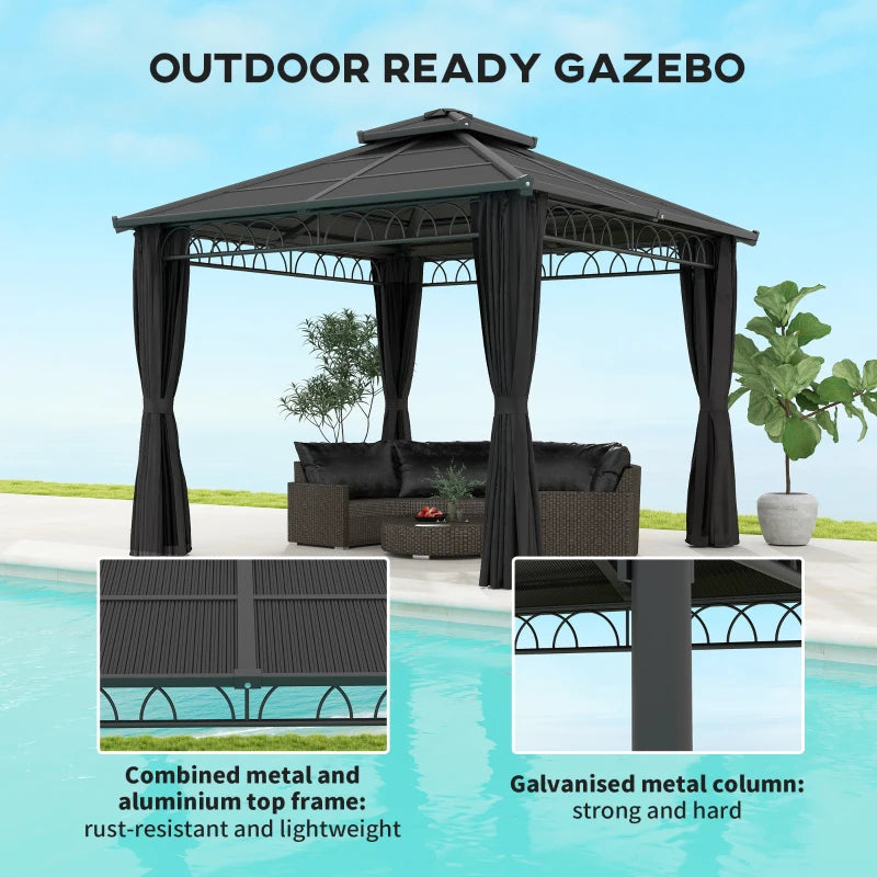 3 x 3 m Dark Grey Outdoor Polycarbonate Gazebo - Double Roof Hard Top with Galvanised Steel Frame, Nettings & Curtains for Garden, Lawn, Patio and Deck