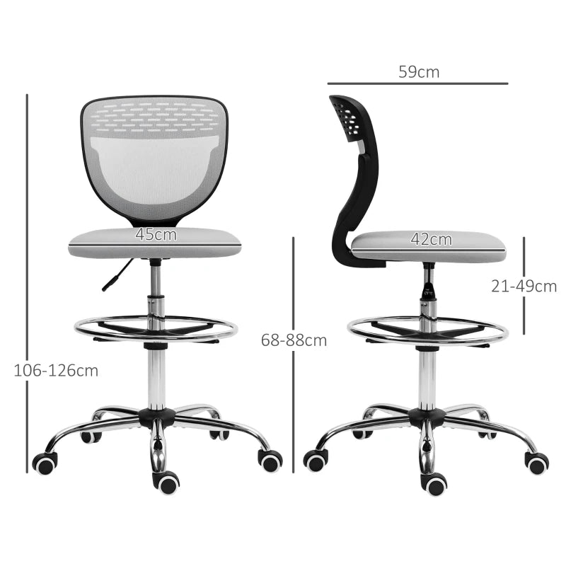 Vinsetto Light Grey Draughtsman Office Chair with Wheels, Adjustable Height 68-88cm, Ergonomic Design for Home & Office