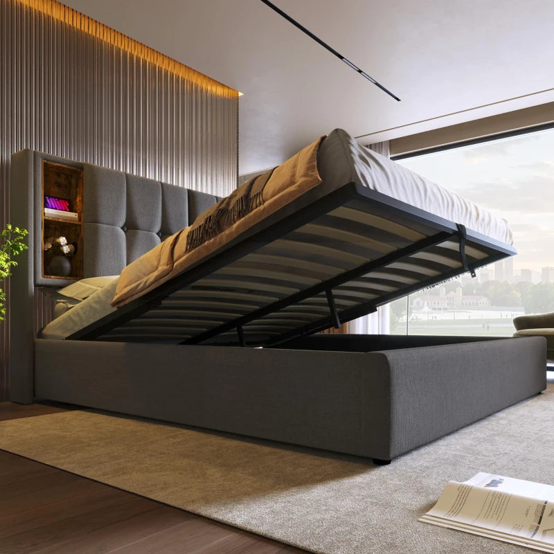 Upholstered King Size Bed Frame with Wireless Charging & Hydraulic Storage - Grey Linen Fabric, 206L x 155W x 100.5H cm