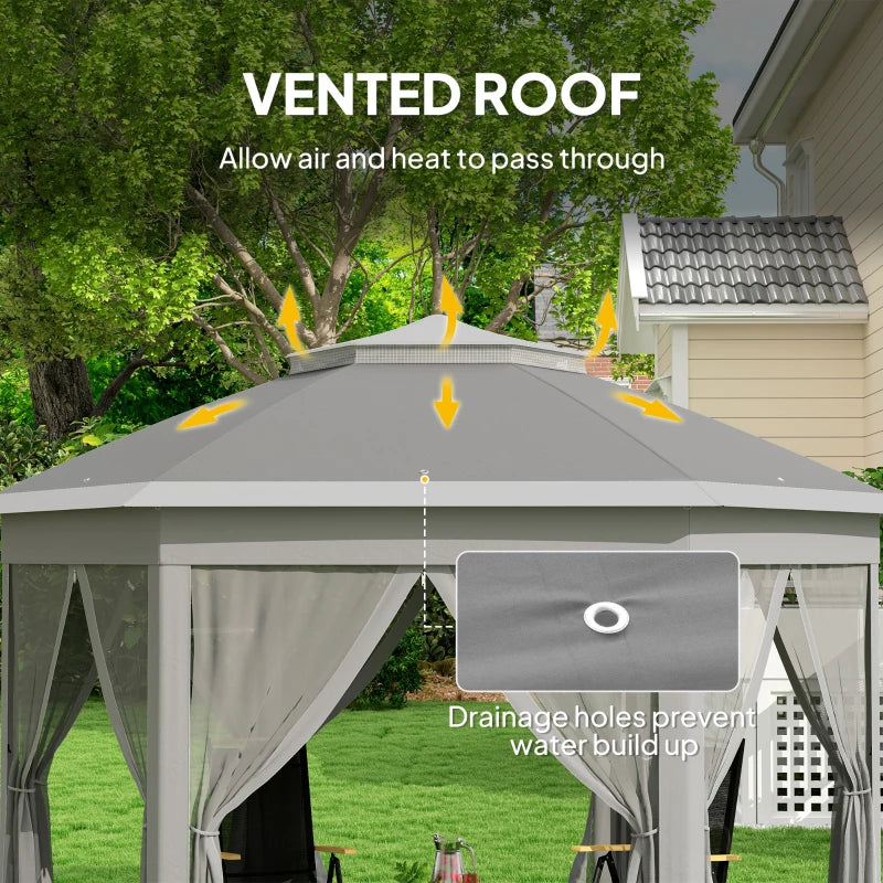 3x4m Dark Grey Hexagon Garden Gazebo - Pop Up Party Tent Canopy with Double Roof, Netting & Carry Bag for Outdoor Patio