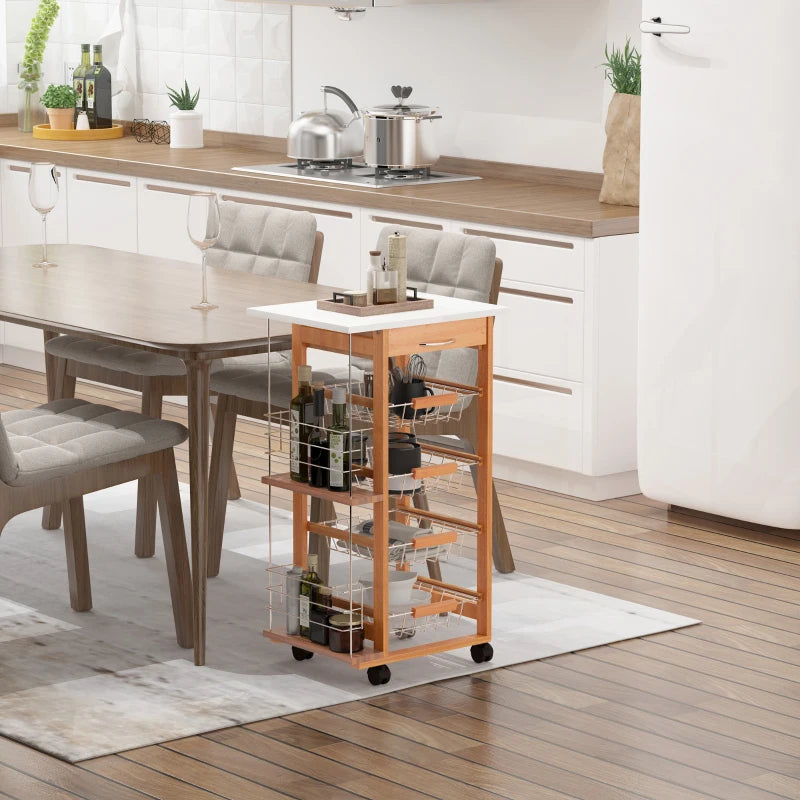 Rolling Kitchen Cart with 4 Basket Drawers & Side Racks - Utility Storage on Wheels for Dining Room, Brown Finish