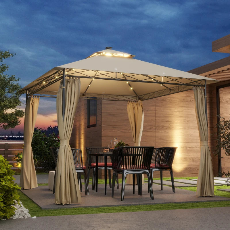 3m x 3m Beige Garden Gazebo with Double Roof, Metal Frame, Curtains & Solar-Powered LED Lights - Outdoor Canopy Shelter for Patio & Decking