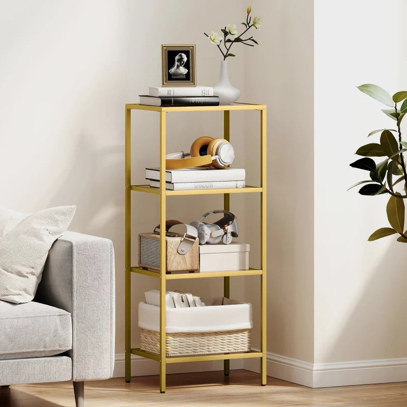 Elegant 4-Tier Glass Shelving Unit - Vertical Storage for Living Room, Home Office, Bedroom & Bathroom - Gold Tone Design