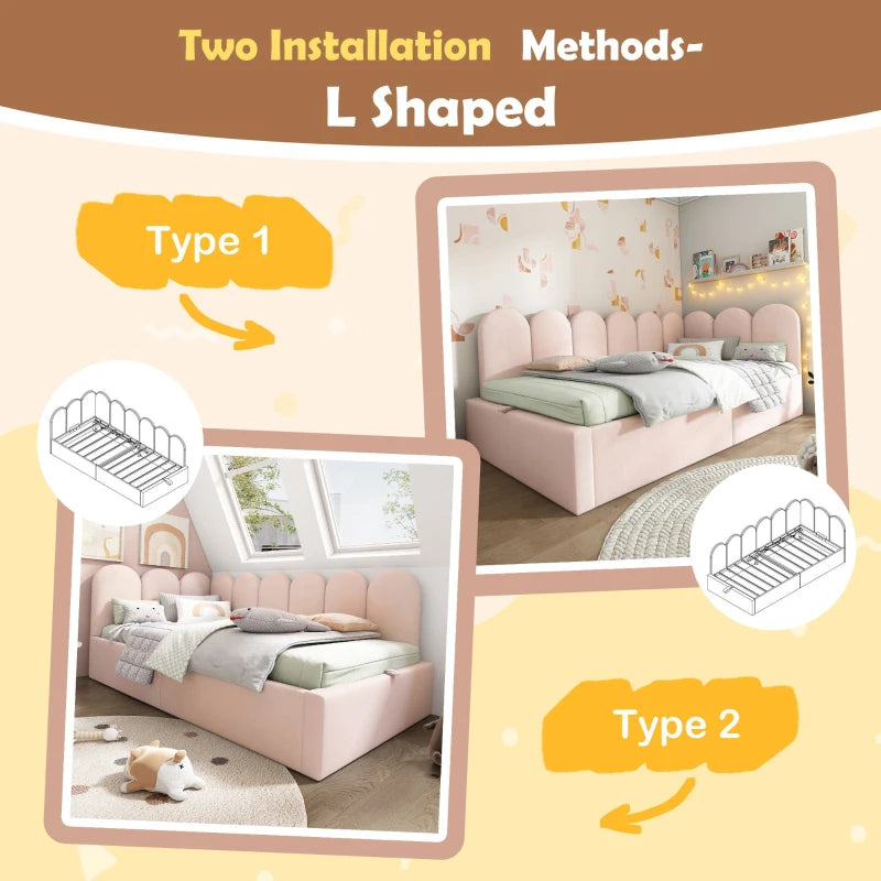 3FT Pink Upholstered Daybed with Hydraulic Storage & Metal Slatted Frame, Velvet Finish, Single Ottoman Bed, 200L x 97W x 76H cm