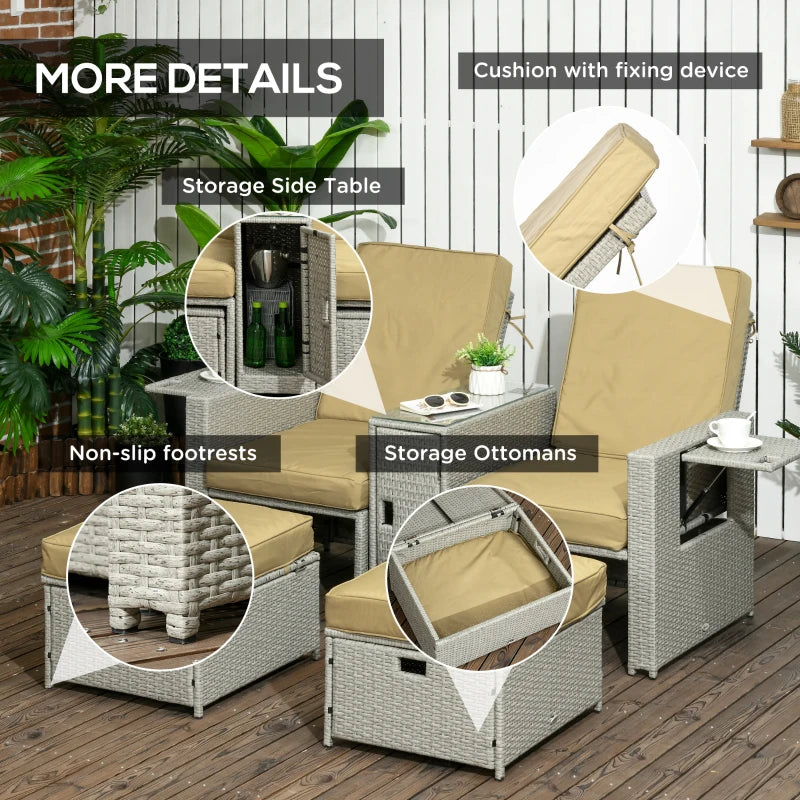 Beige 5PC Rattan Outdoor Sun Lounger Set with Storage Table
