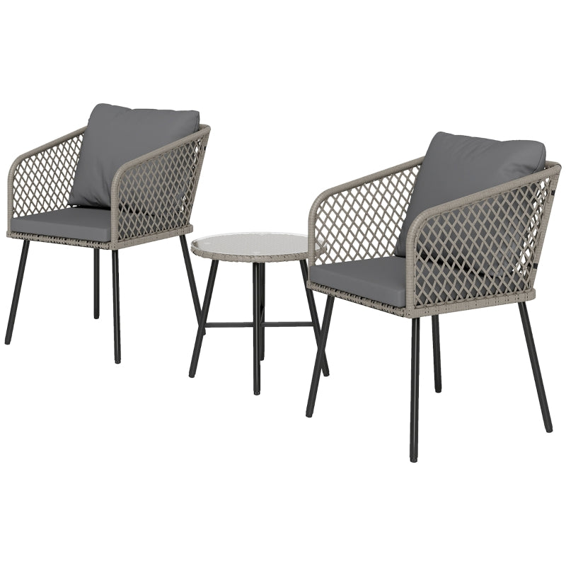 3 Piece Rattan Bistro Set with 2 Chairs & Glass Table for Garden, Balcony, Grey