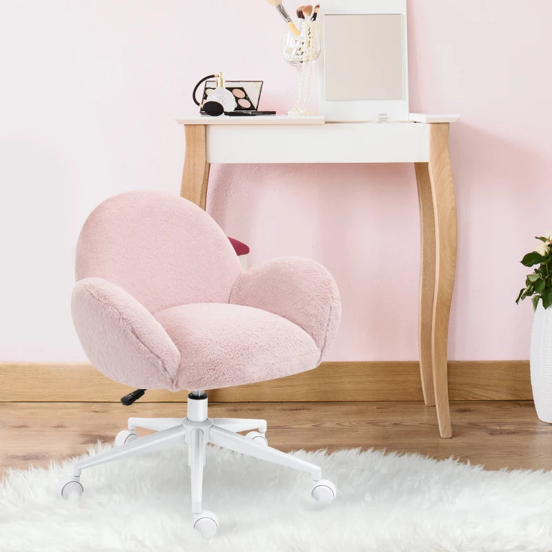 Cute Pink Makeup Vanity Chair with Fluffy Cushion & Rolling Wheels - Stylish Desk Chair for Bedroom & Living Room