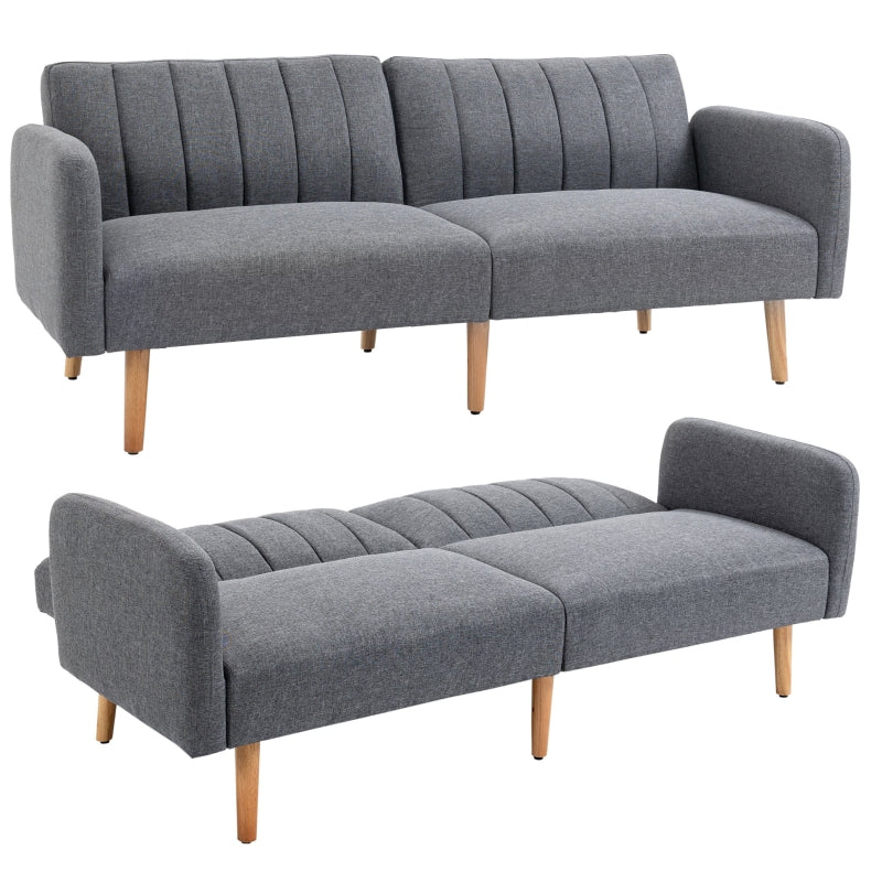 Convertible 3-Seater Sofa Bed in Grey Linen Fabric with Adjustable Split Backrest for Living Room or Bedroom