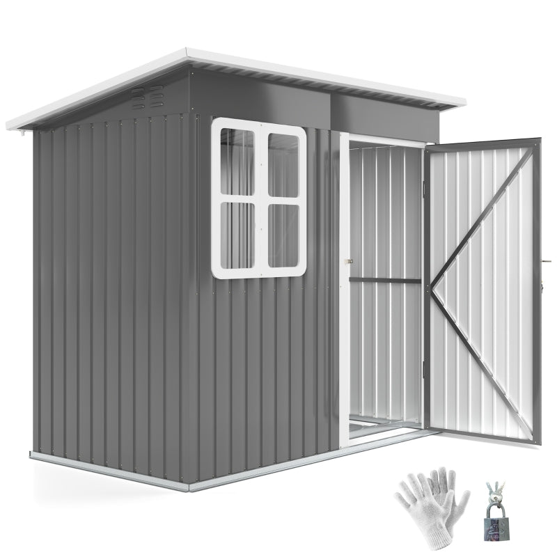 7ft x 4ft Grey Galvanised Steel Garden Shed with Lock and Gloves