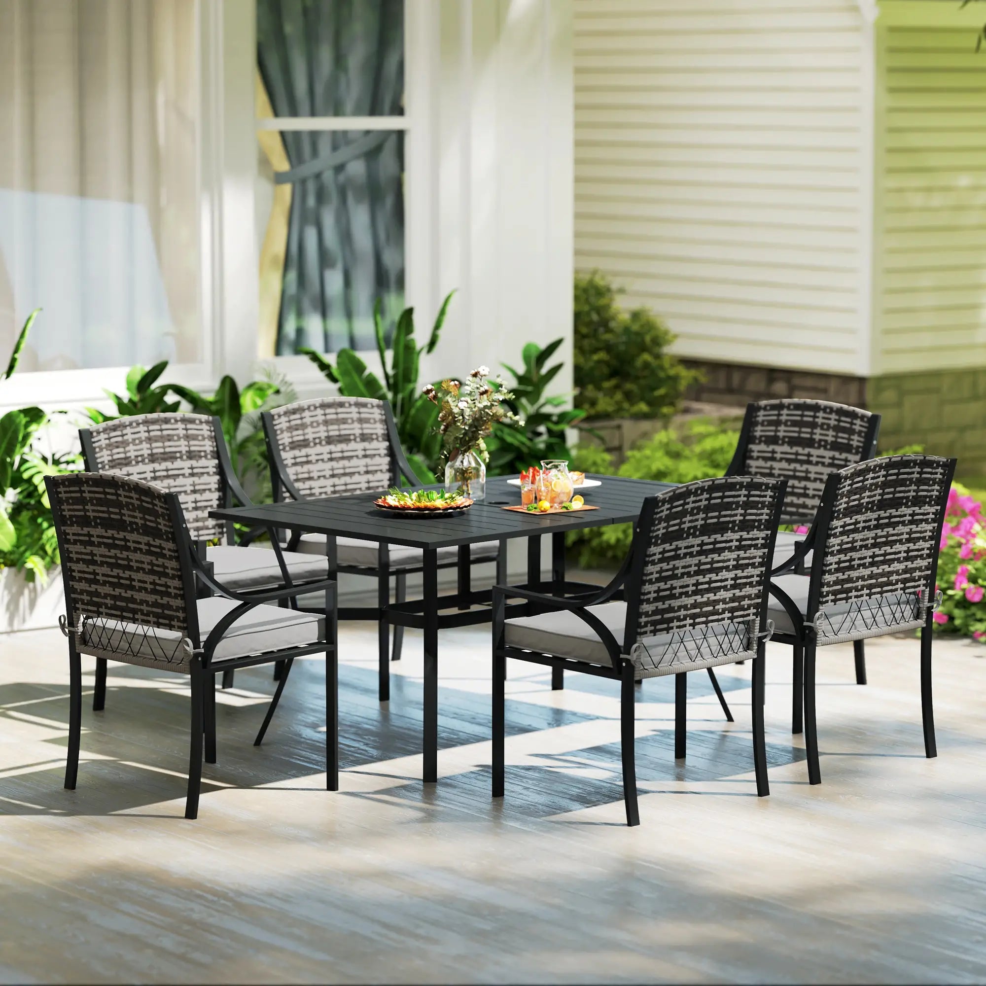 6 Seater Rattan Dining Set with 6 Armchairs, 150 x 96cm Rectangular Table, Umbrella Hole