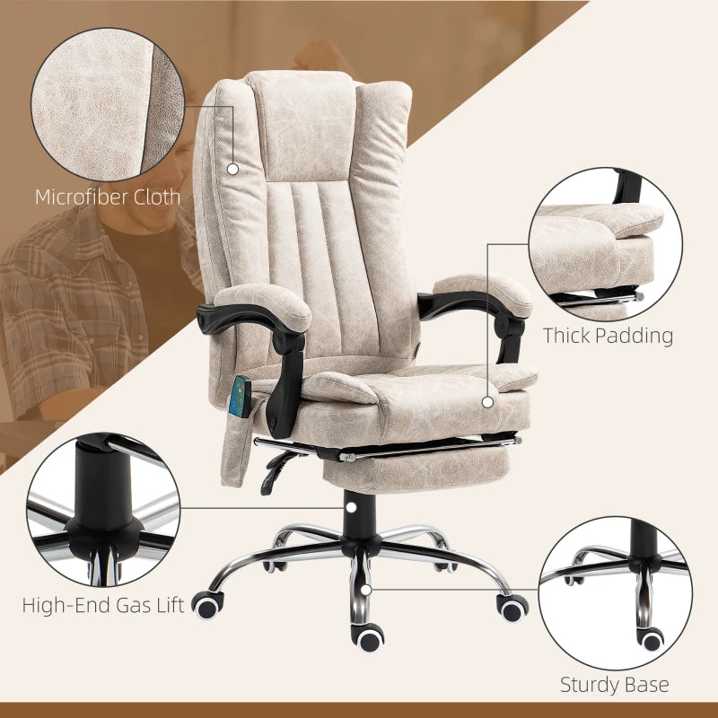Vinsetto Cream White Vibrating Massage Office Chair with Heat, Adjustable Height & Footrest - Ergonomic Desk Chair