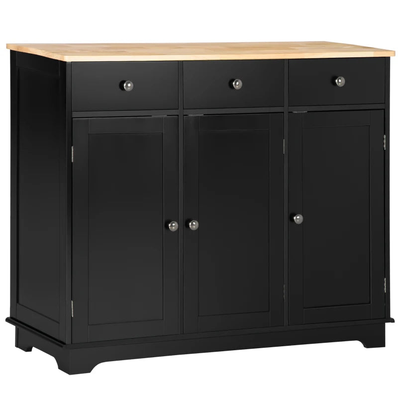 Elegant Black Sideboard with Rubberwood Top & Adjustable Shelves - Perfect for Dining Room & Kitchen Storage