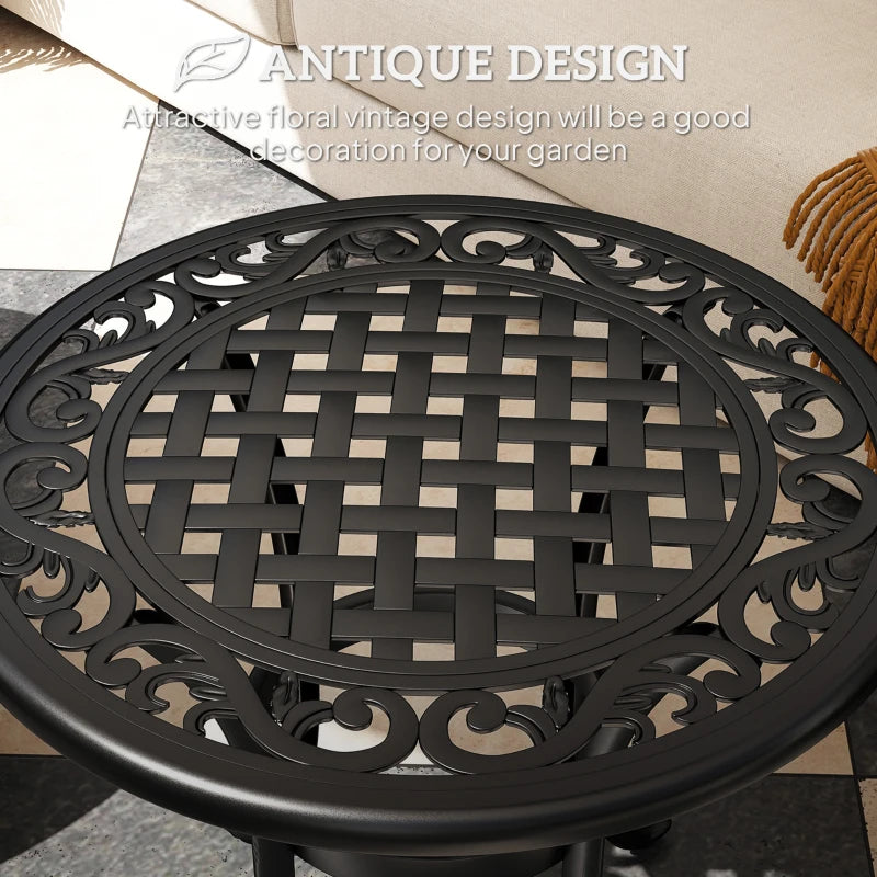 60cm Black Round Garden Table - Outdoor Hollow Top Design Side Table with Cast Aluminium Frame for Patio, Garden, Balcony