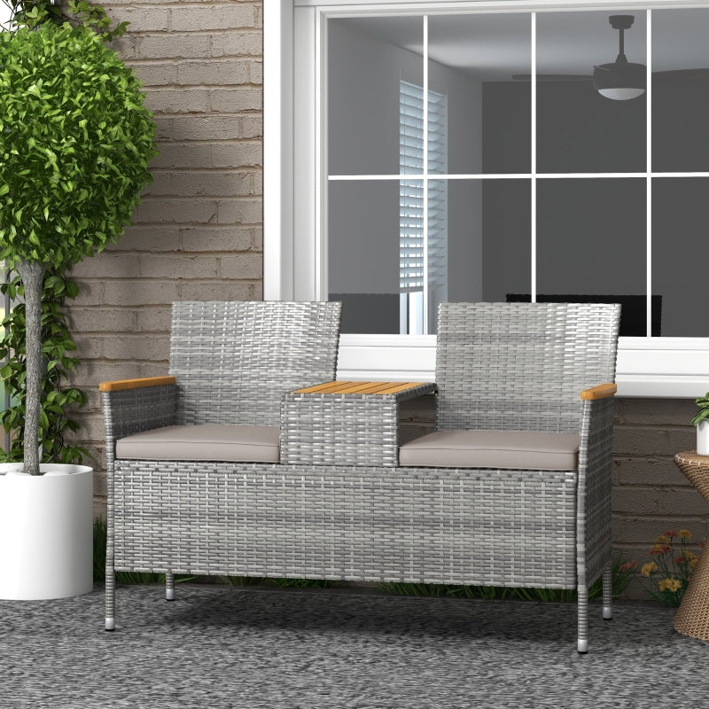 Grey Rattan Loveseat with Wood-Top Table